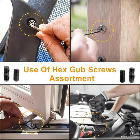 Heavy Duty M3 Set Screws Kit With 350 Pieces Headless Grub Screws in use on various installations and surfaces, internal hex drive visible.