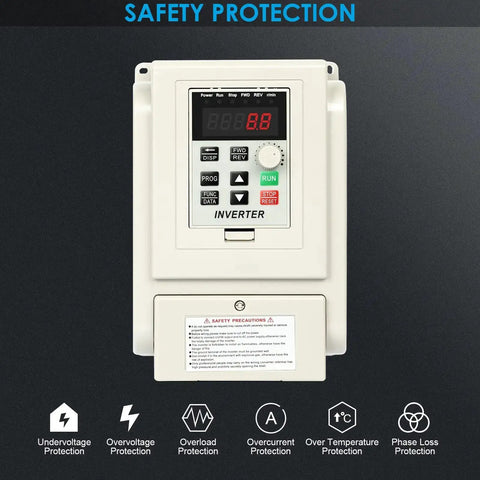 Front view of 4KW 220V VFD Inverter With Single Phase Input To Three Phase Output For Motor Speed Control, showing safety protection features.