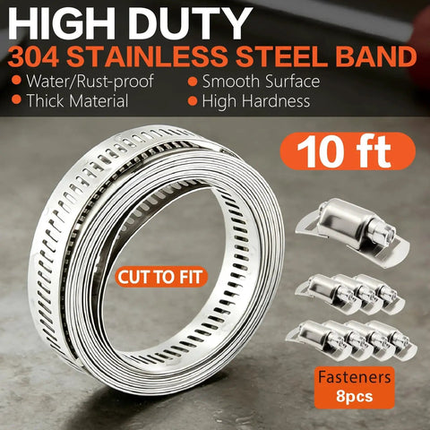 Pro Grade 185 Piece 304 Stainless Steel Anti Rust Hose Clamp Kit 10 ft cut-to-fit strap with fasteners for automotive and plumbing.