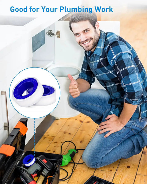 Plumber using Plumbers Teflon Tape 3 Roll Pack No Leak Seal For Water Pipes And Plumbing Pro Grade High Density Tape
