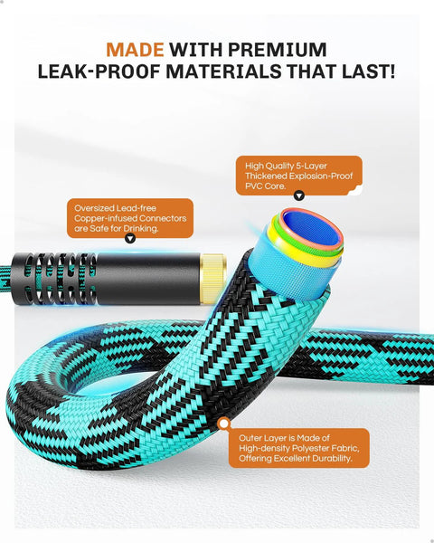 WELLUCK 50 ft non-expanding garden hose with blue-black braided 3750D fabric and 10-function spray nozzle