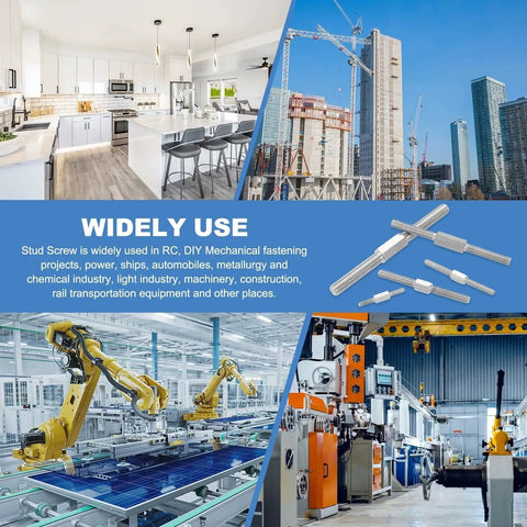 Double End Threaded Stud Screws M3x40mm 304 Stainless for Furniture Hardware displayed with various industrial applications.