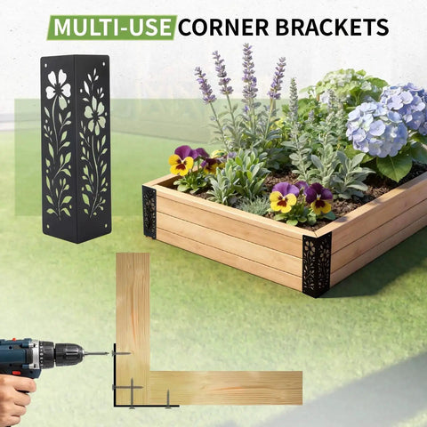 Beefy Wood Corner Brackets Set for Raised Garden Beds, heavy-duty metal corners, 11x3x3 inch, shown installed and in detail view.