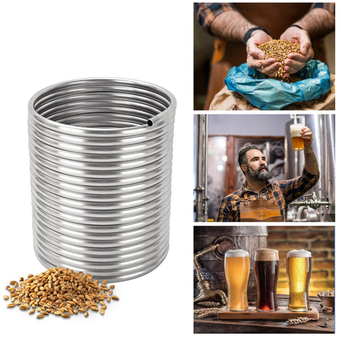 Wort chiller coil, front view, stainless steel tubing 3/8in x 50ft for beer brewing
Brewing grains close-up in blue-gloved hands
Beer brewing scene, side view of bearded man tasting beer
Beer flight trio front view on wooden table