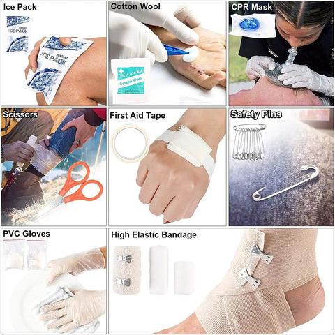 Various first aid supplies from 216 Pcs Survival First Aid Kit with Pro Gear Essentials, including ice pack, CPR mask, scissors, and bandage.
