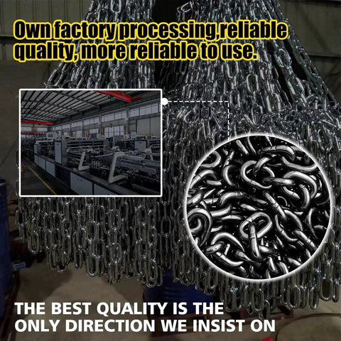 G80 Transport Binder Chain One Quarter Inch Fourteen Feet With Clevis Grab Hooks, manufacturing equipment and chain close-up