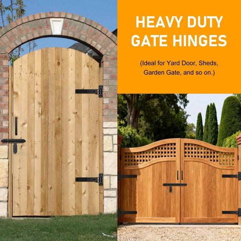 Heavy-duty gate hinges in use on wooden garden gates, showcasing 900 lb capacity gate hinge with built in ball bearings for smooth operation.