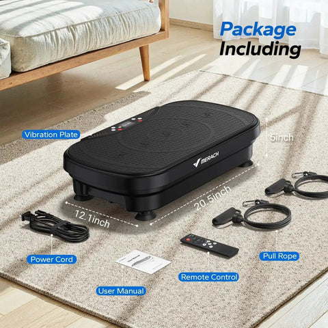 Vibe Plate Exercise Machine For Lymphatic Drainage And Weight Loss setup with vibration plate, power cord, pull ropes, and remote on carpet