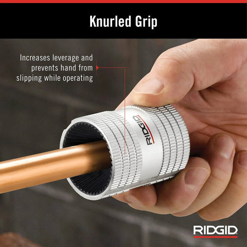 Effortless Copper And Stainless Steel Tubing Reamer For One Quarter To One And A Quarter Inch Pipes With Inner And Outer Cutting Action And 45 Cutting Edges RIDGID 29983 Model 223S Small being used on a copper pipe