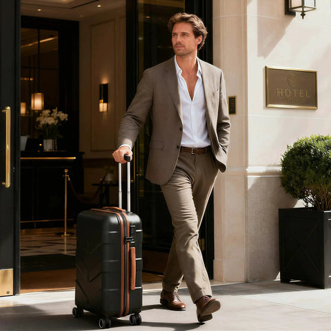 Man with black three piece hardside luggage set with spinner wheels and TSA lock leaving hotel, featuring 20 inch carry-on.