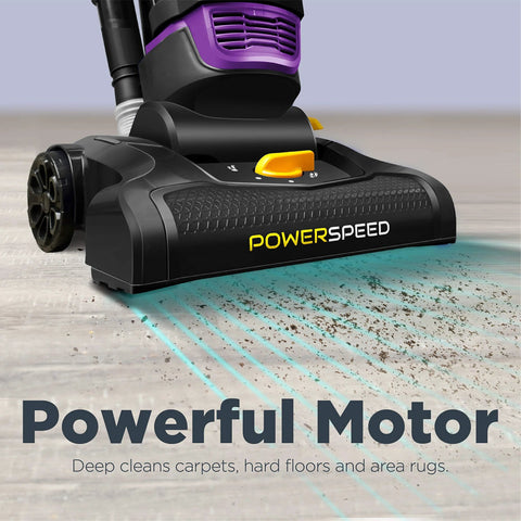 PowerSpeed bagless upright vacuum cleaner, purple and black with a yellow control on the head, front view