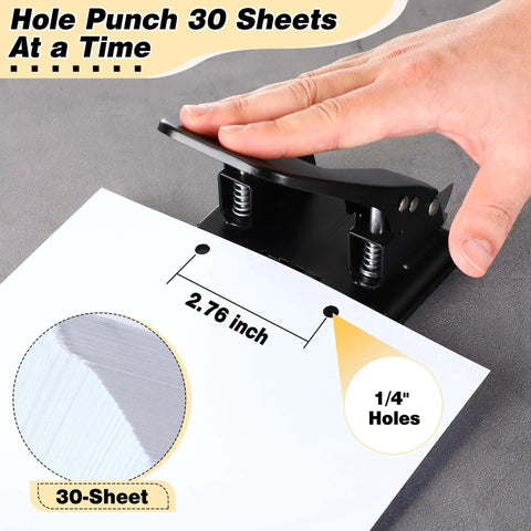 Heavy Duty Two Hole Punch Workhorse With 50 Prong Fasteners punching 30 sheets with 1/4 inch holes in an office setup.