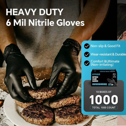 Person wearing Nitrile Gloves Heavy Duty 6 Mil Disposable Black For Cooking XL, handling cooked patties