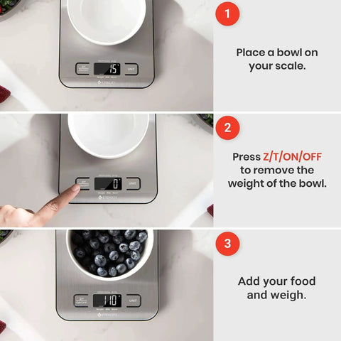 Step-by-step tare function use on Digital Kitchen Scale With Grams And Ounces For Weight Loss, Baking And Meal Prep, Stainless Steel