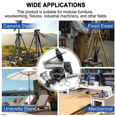 Wide applications of T Track Knob Kit Set for woodworking jigs in various settings such as camera stand, easel, umbrella, and machinery.