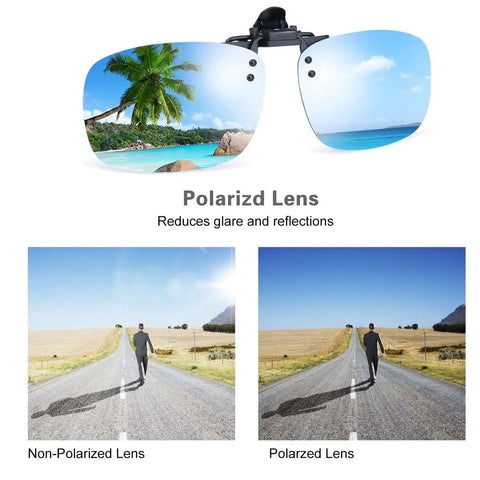 Polarized Clip On Sunglasses With Flip Up Design Silver Mirrored Lenses Unisex Outdoor Glasses For Driving Fishing Sports And Travel Lightweight Plastic Frames For Easy On The Go Comfort And Style.