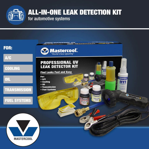 All In One UV Leak Detection Kit For Cars And AC Systems With 12V 50W High Intensity UV Light Universal Dyes Safety Glasses R134a And R12 Compatibility Detects Refrigerant Coolant Oil ATF And Fuel Leaks Fast kit with UV light, dyes, and glasses.