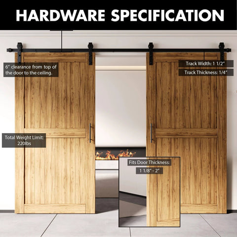 Black Rustic Non Bypass Sliding Barn Door Hardware Kit For Double Doors 11 Ft Flat Track With Classic Roller System Heavy Duty Carbon Steel Installed