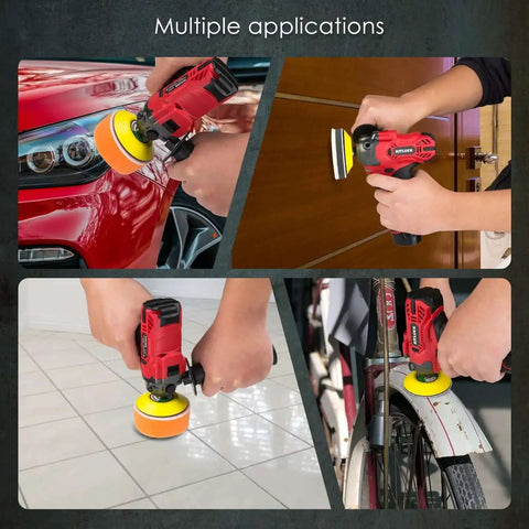Battery Powered 12V Mini Car Buffer Polisher Beast Pro Grade Kit used on car, furniture, tile, and bicycle surfaces.