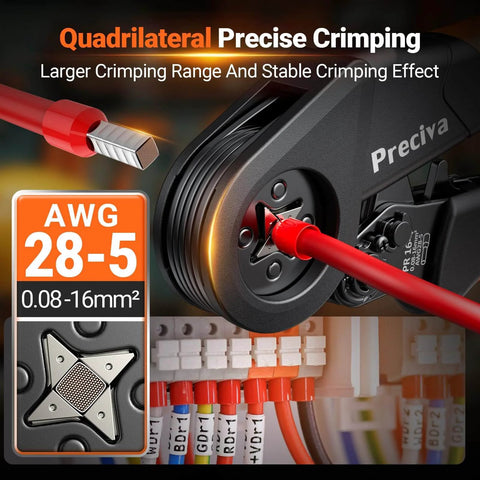 Self Adjusting Ratchet Ferrule Crimping Tool Kit Pro Grade with Quadrilateral Ferrule Crimper AWG 28 to 5 in action.