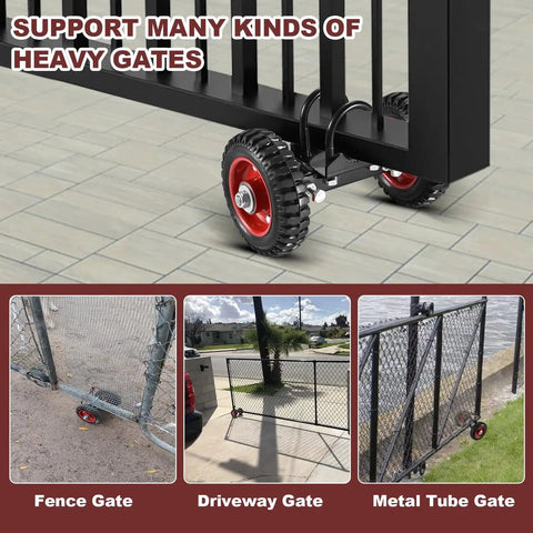 Rolling Gate 6 Inch Rubber Wheel Carrier Heavy Duty for Driveway and Sliding Gates with 550lb Capacity installed on metal gate.