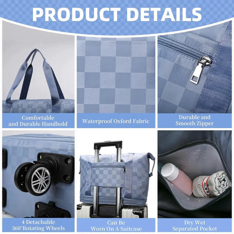 Expandable rolling duffle with four wheels and shoe bag, shown with waterproof Oxford fabric, durable zipper, and reinforced handle.