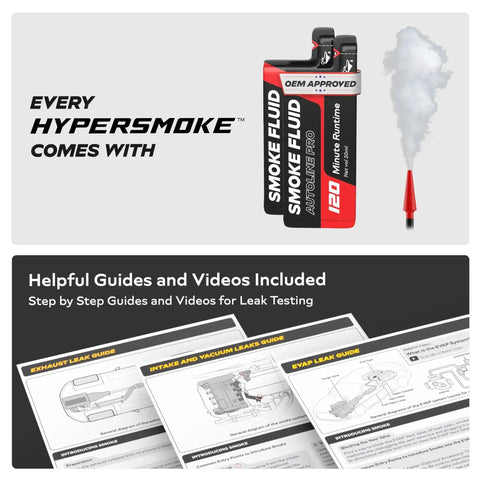 HyperSmoke Automotive Smoke Machine And Evap Vacuum Leak Tester with OEM approved smoke fluid and guide books visible.