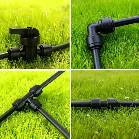 44-piece quick-connect black plastic drip irrigation fittings kit for 1/4 inch tubing with 4 shut-off valves.