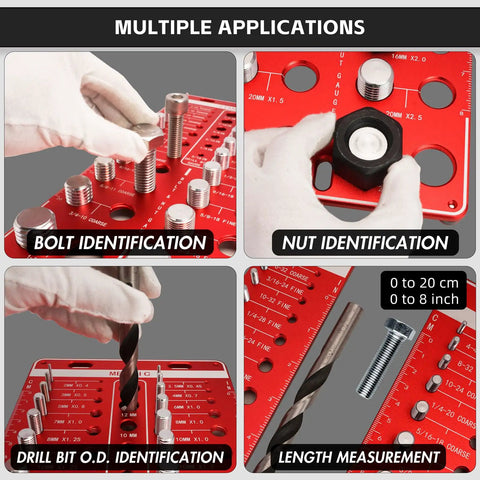 48 Thread Checker For Imperial And Metric Threads With 24 Standard And 24 Metric Sizes And 12 Drill Bit Gauge Pro, Bolt Nut Thread Identifier Board And Screw Measurement Tool Red By GIMYUAN showcasing multiple identification applications.