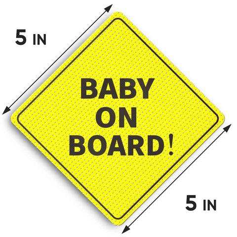 Baby On Board Car Sign 2 Pack 5x5 Inch Bright Yellow see-through sticker with bold text, ideal for vehicle windows.