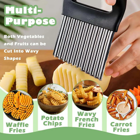 Big Crinkle Cutter For Veggies And Fries With Easy Grip Handle That Feels Like A Pro, creating wavy cuts on potatoes and carrot.