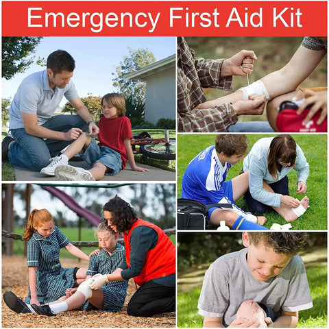 Collage showing uses of Compact 97 Piece Travel First Aid Kit For Cars Home School Sports Camping And Hiking Waterproof Lightweight
