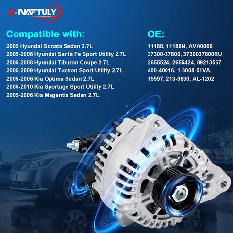 High Output Alternator Replacement For 2005 2006 Kia Magentis, 2005 2010 Sportage, 2005 2006 Optima, 2005 2009 Hyundai Tucson