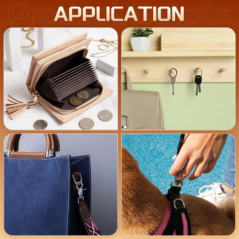 Various applications of Six Pack 25mm Swivel Snap Hooks Heavy Duty Zinc Alloy Clasps For Straps Bags, showing uses with wallets, keys, bags, and pet leashes.