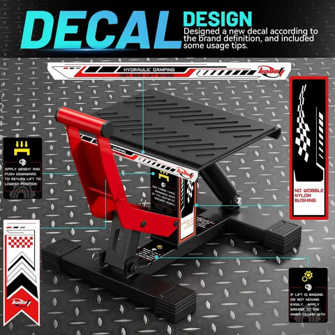 Front view of Beefy Dirt Bike Stand With 1000 Lb Hydraulic Lift Jack Hoist Table, Adjustable Height For Dirt Bikes, Pit Bikes And Mini Bikes, Perfect For Repairs Maintenance And Tire Changes, Stable Wide Support on metal surface