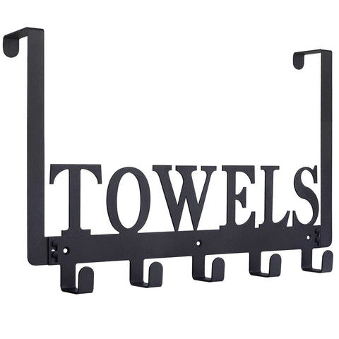 Over-the-door towel rack in black metal with four hooks and cutout TOWELS letters, front view.