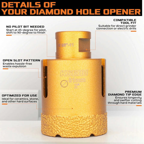 Diamond Hole Saw Bit Heavy Duty Pro Grade One And Three Eighths Inch For Porcelain Ceramic Granite Vacuum Brazed Core Drill Bit With Two Inch Drilling Depth And Five Eighths Eleven Thread For Angle Grinder