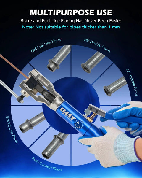 Hands using Universal Hydraulic Flaring Tool Kit With Tubing Cutter And 45 Degree ISO Flare to make automotive tube flares.