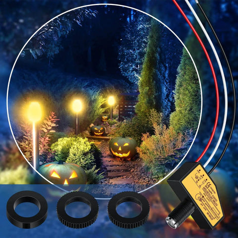 DC Photoelectric Switch Dusk To Dawn Sensor for outdoor lighting with garden lights and jack-o-lanterns, 8-50V, 5A load, auto detection
