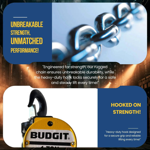 Close-up of 1 Ton Pneumatic Chain Hoist With 20 Ft Lift And Pendant Control showing rugged, durable chain and secure hook design.
