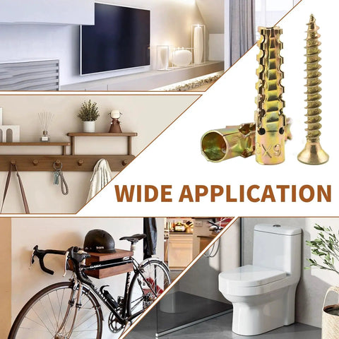 30 Packs Heavy Duty Hollow Wall Anchors With Screws 6x32mm shown in use for mounting shelves, TV, bike rack, and toilet.