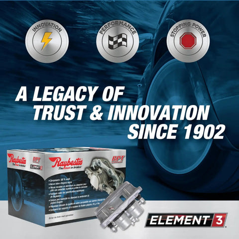 Raybestos Element3 front left/right semi-loaded caliper with bracket assembly beside packaging box