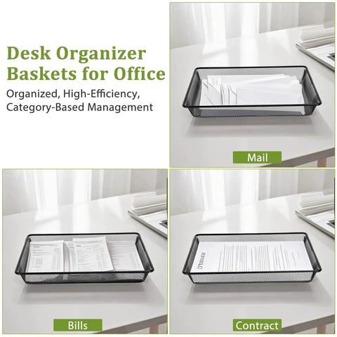 Metal Mesh Desk Paper Tray Organizer Set 5 Pack For Office Home School Black holding mail, bills, and contracts on desk