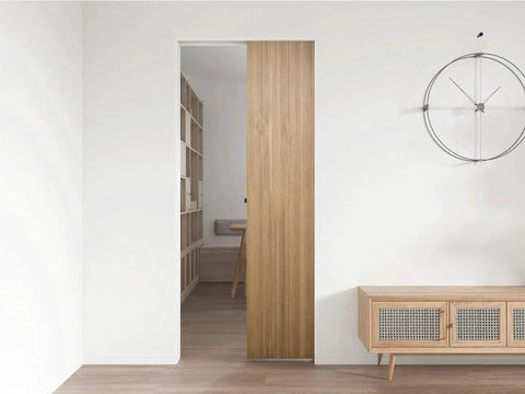 Commercial Grade Pocket Door Hardware And Track Set For 4 Foot Openings installed in modern room.