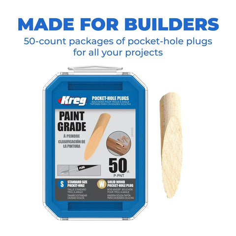 Image of 50-count package of Paint Grade Pocket Hole Plugs for Concealing Exposed Holes in Woodworking Projects.