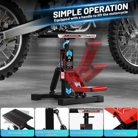 Beefy Dirt Bike Stand With 1000 Lb Hydraulic Lift Jack Hoist Table in use for dirt bike maintenance, side view with features.