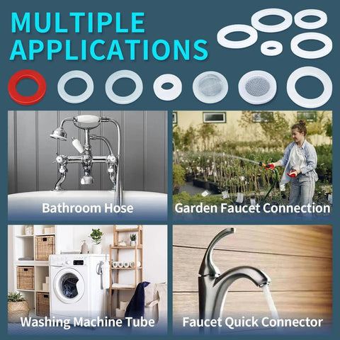 Collage of plumbing uses for All In One Silicone O Ring And Washer Kit with 660 clear O rings and 90 washers in various settings.