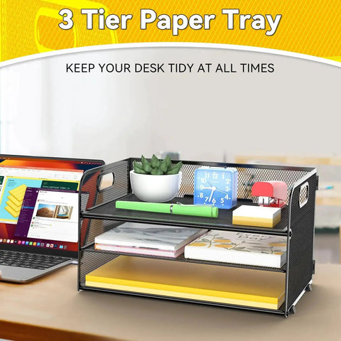 Three Tier Paper Organizer Tray With Handle Mesh Letter Tray for office use showcasing organization with books and clock