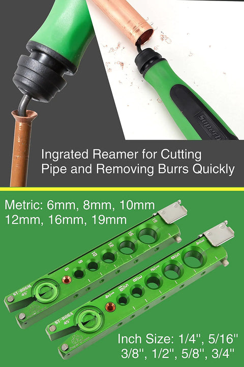 Close-up of All In One HVAC Flare Tool Kit For Copper Tubes One Quarter To Three Quarters Inch 5 In 1 Kit with reamer and holes for sizing.