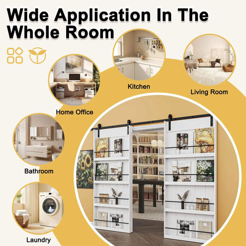 Paintable 36x84 Barn Door With 6.6 Ft Hardware Kit delivers space-saving sliding design and built-in storage shelf in various rooms.